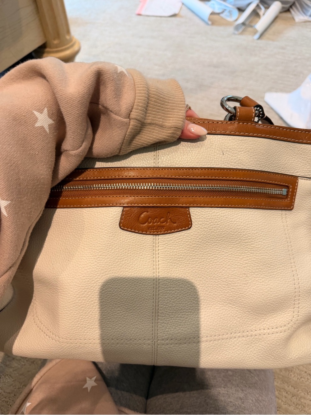 Coach Cream Leather Shoulder Bag with Tan Trim